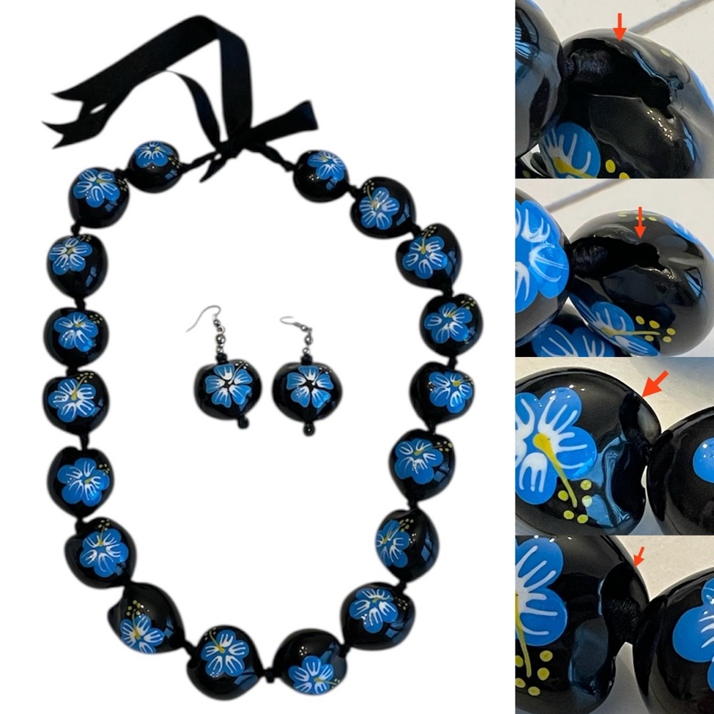 Elegant Black and Blue Large Floral Necklace and Earring Set
